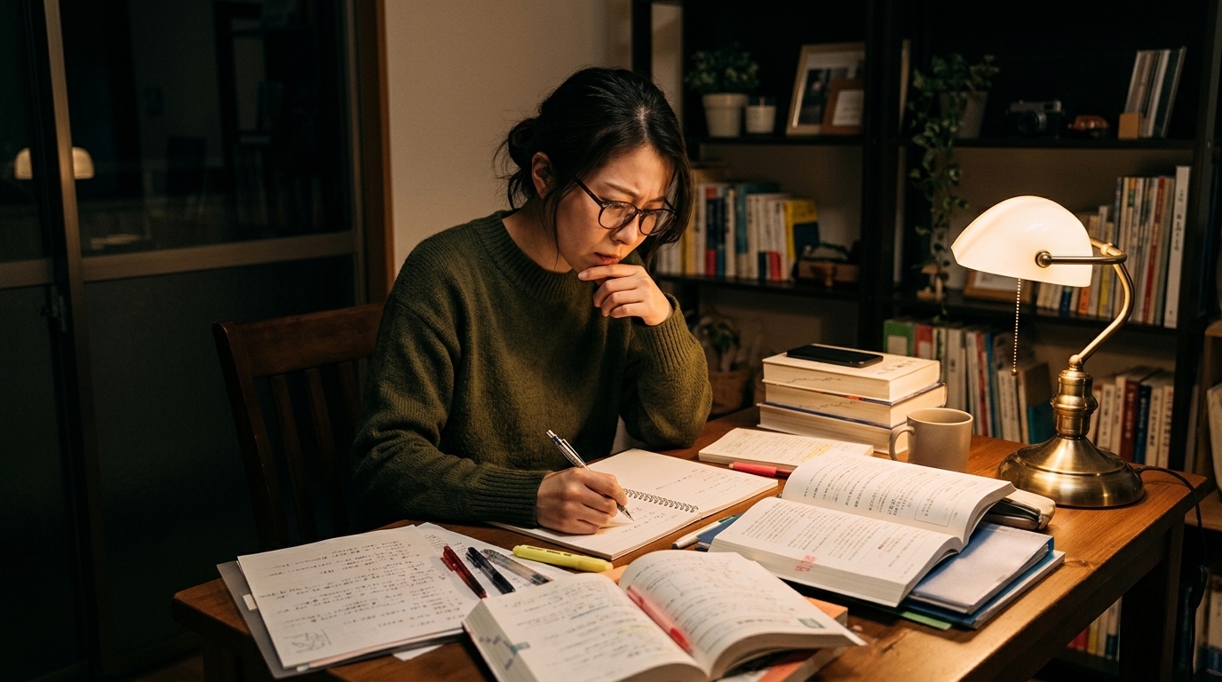 自宅の机で集中して勉強する様子